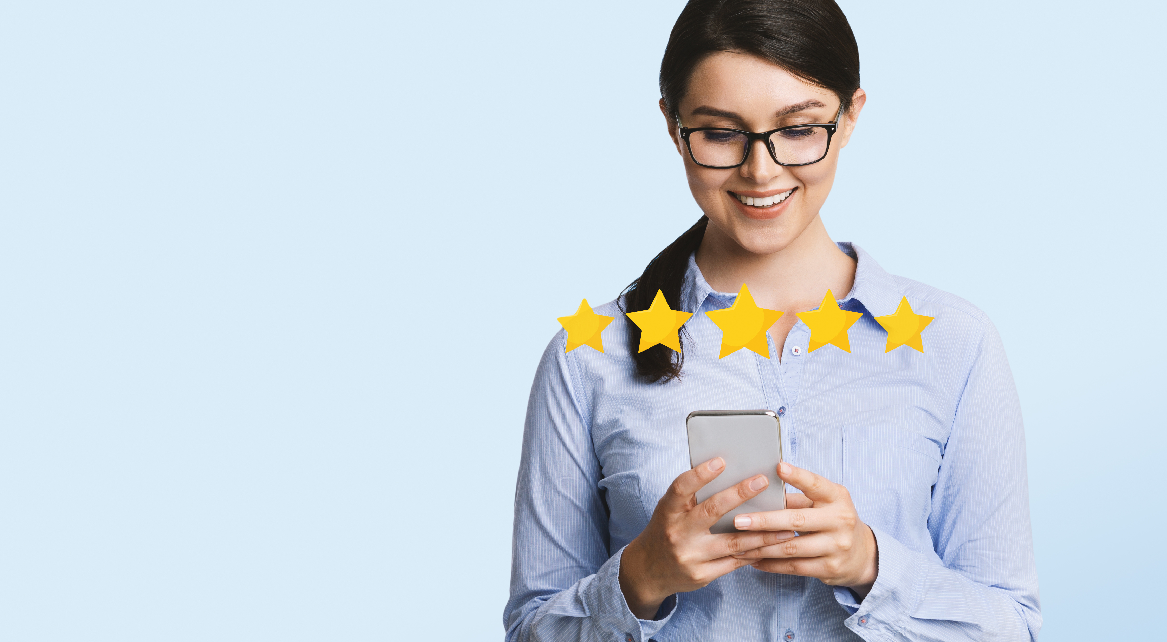 A homeowner leaving a five-star review on a smartphone